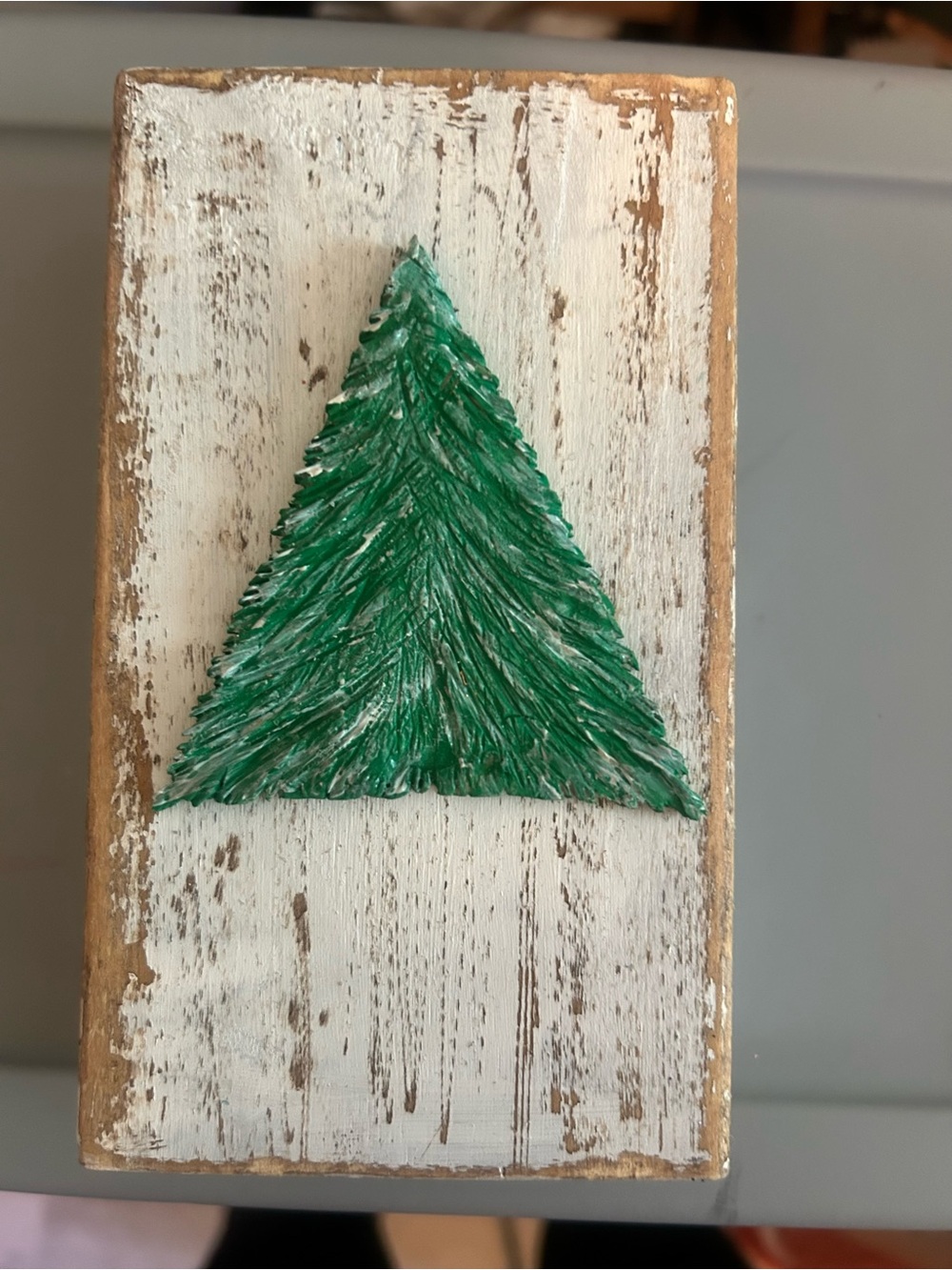 Green Rustic Christmas Tree on Distressed White Wood Block Home Decor